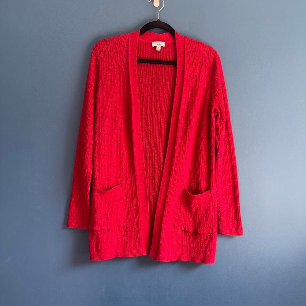Y2K Glitter Cardigan Women's Size Small Red Metallic Open Front Knit Kim Rogers